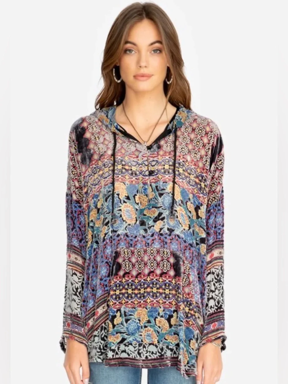 Johnny Was Women's Karma Burnout Aztec Hoodie Silk Blend Lightweight Medium - Picture 1 of 10
